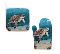 Sea Turtle Swimming Oven Mitts & Pot Holders Set - 2 Pcs Heat Resistant Oven Gloves with Hanging Loop, Kitchen Potholder for Cooking, Baking, BBQ, Microwave