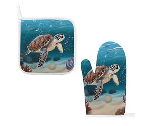 Sea Turtle Swimming Oven Mitts & Pot Holders Set - 2 Pcs Heat Resistant Oven Gloves with Hanging Loop, Kitchen Potholder for Cooking, Baking, BBQ, Microwave