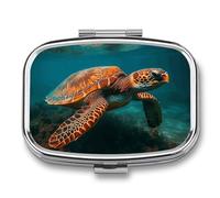 Sea Turtle Swimming Pill Box 2 Compartment, Portable Pill Case with Mirror for Pocket Purse Travel, Mini Metal Medicine Organizer for Vitamins Fish Oil