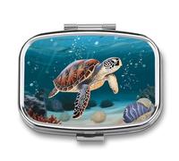 Sea Turtle Swimming Pill Box 2 Compartment - Small Metal Medicine Organizer Portable Pill Case for Purse Pocket Travel Vitamin Organizer for Men Women, BPA-Free