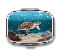 Sea Turtle Swimming pilldispenser 2-Compartment Portable Travel Square PillCase Daily with Store Vitamins Pocket Medicine Organizer for Office Home Fish Oil