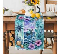 Sea Turtle Table Runner 13x60 Inches Long Nautical Tropical Ocean Beach Green Tree Leaf Flower Shell Cotton Linen Table Runner Burlap Style for Dinner Table Party Decor Tabletop Decorations