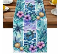 Sea Turtle Table Runner, Nautical Tropical Ocean Beach Green Tree Leaf Flower Shell Cotton and Table Linen Runner for Kitchen Dining Home Decor for Party Festival Holiday Decoration Gift 16x72in