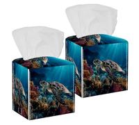 Sea Turtle Tissue Box Cover, 2 Pack PU Leather Square Facial Tissue Dispenser Box holder for Home Office Car