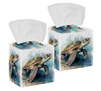 Sea Turtle Tissue Box Cover, 2 Pack PU Leather Square Facial Tissue Dispenser Box holder for Home Office Car