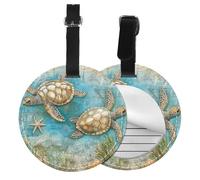 Sea Turtle Vintage Round Luggage Tag Ocean Coral PU Leather Travel Bag Tag ID Labels Name Card Holder wtih Buckle for Luggage Suitcase Backpacks