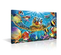 Sea Turtle Wall Art Canvas Print 1 Pieces School of Fish Wall Decor for Bedroom Marine Life Artwork Paintings Print on Canvas Blister Giclee Wooden Framed Gallery-Wrapped Ready to Hang (24" Wx36 H)