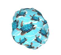 Sea Turtle Wave Shower Cap for Women Waterproof Washable Reusable PEVA Lining Adjustable Elasticized Hem for All long Hair Bath Hat