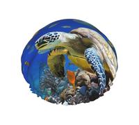 Sea Turtle with Fishes -Print Extra Large Waterproof Shower Cap-Double Layer Protection For Long/Curly Hair - Reusable & Travel Friendly.