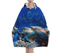 Sea Turtle With Fishes Print Flannel Blanket Hoodie, Oversized Blanket Hoodie For Adults, Wearable Hooded Sweatshirt With Pocket For Teenagers