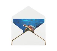 Sea Turtle With Fishes Print Horizontal Gold-Edged Pearl Greeting Card W/Envelope-Holiday,Birthday,Anniversary,Party(2pcs)