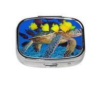 Sea Turtle with Fishes Print Pill Box 2 Compartment Medicine Pill Case,Portable for Pocket Or Purse Pill Box Decorative Metal Medicine Organizer