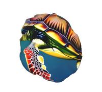 Sea Turtle with Fishes Print Shower Cap - Reusable Bath Hair Cap, Double Layer, Adjustable Elastic Strap, Durable Travel Essential