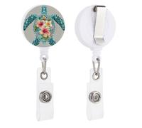 Sea Turtle with Hibiscus Flowers Pattern Diamonds Retractable Badge Holder Reel Clip ID Card Holder for Doctor Nurse Student Office Worker