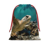 Sea Turtle1 Print Christmas Drawstring Gift Bags, Xmas Holiday Fabric Gift Wrapping Bag For Party, Size-L