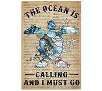 Sea Turtles & Boy Surf Metal Sign Print Poster The Ocean Is Calling And I Must Go Tin Sign Vintage Retro Plaque Wall Decor Gift For Home Kitchen Office Club Bar Gym 8X12 Inch