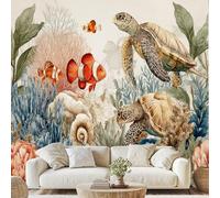 Sea Turtles Clownfish Creatures Self Adhesive Wallpaper Shell Coral Seaweed Wall Stickers 350x256 cm Marine Theme Photo Wallpaper Non-Woven Murals for Bedroom Living Room Wall Decal Dv119y