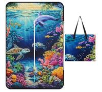Sea Turtles Dolphins Tropical Fish Coral Large Picnic Mat Beach Blanket Waterproof Foldable Bag for Camping Outdoor