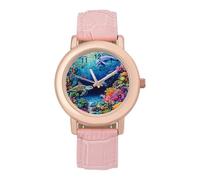 Sea Turtles Dolphins Tropical Fish Coral Womens Leather Strap Elegant Lady Wrist Watches Casual Band Three-Hand Watch