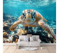 Sea Turtles Photo Wallpaper Coral Turtle On The Seabed Wallpaper Mural 3D Art Print, Non-Woven Wall Paper, Decoration Poster Picture Mural 500 × 280 cm / 196.8" × 110" for Living Room Bedroom