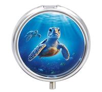 Sea Turtles Pill Box 3 Compartment Travel Pill Organizer 3 Times A Day Cute Mini Pill Case for Purse & Pocket Portable Metal Medicine Box with Mirror Round Daily Medicine Vitamin Container