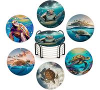 Sea Turtles Set of 6 Absorbent Ceramic Coasters with Cork Base & Holder,10cm Round Drink Mats for Mugs, Wine Glasses - Spill Protection for Wood/Glass Tables