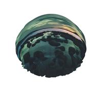 Sea under the Aurora Borealis Double layer women's shower cap, reusable, large size design suitable for all hair lengths, suitable for girls, spa and home salon use.
