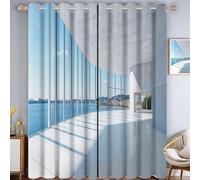 Sea View Curtains, Windows Architecture 3D Print Pattern Eyelet Thermal Insulated Room Darkening Blackout Window Drapes, for Bedroom Kids Nursery 2 Panels W 66" x L 72", Blue White