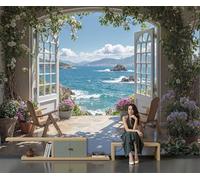 Sea View Outside The Window Photo Wallpaper Mediterranean Style Non-Woven Mural 250 X 175 Cm Sky Blue Wallpaper Living Room Home Decoration Wall Murals Suitable for Bedroom