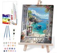 Sea View Paint by Numbers for Adults with Framed Canvas-with Wooden Easel,Paint by Number on Framed Canvas,DIY Acrylic Oil Painting Kits with Brushes Nice Gift Box for Home Wall Decor(12x16 Inch)