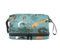 Sea Voyages Dragon and Octopus Double Layer Cosmetic Bag for Women and Girls, Travel Toiletry Bag Makeup Handy Pouch Organiser Bag with Brush Compartment
