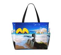 Sea Wave Landscape Print Large Waterproof Beach Tote Bag for Women with Zip and Pockets Foldable Handbag for Travel Pool Shopping Holiday Gym