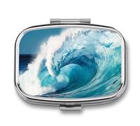 Sea Wave Pill Box 2 Compartments Portable Travel Pill Case Mini Medicine Organizer for Pocket Purse Metal Waterproof Medicine Container Holder Vitamin Fish Oil