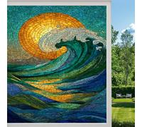 Sea Wave Scenery Privacy Window Film, Abstract Ocean Sunrise Frosted Self-Adhesive Vinyl Cling for Glass Doors Bathroom Windows Sun Blocking Heat Control, （40x60cm）