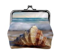 Sea Wave Seashell Print Double Clasp Metal Frame Leather Kiss Lock Change Pouch Wallet for Women with Keys, Small Purses