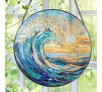 Sea Wave Stained Glass Suncatcher, 8 Inch Ocean Suncatchers for Window Hanging, Beach Lover Gifts, Beach Decor, Coastal Suncatcher, Gifts for Friends, Couples, Family, Colleagues