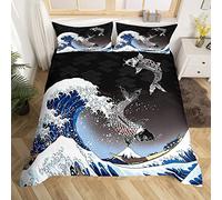 Sea Waves Duvet Cover Koi Fish Bedding Set Single Size Japanese Style Comforter Cover Set for Boys Girls Youth,Mount Fuji Japan Carp Bed Sets Ethnic Kawaii Ukiyoe Theme Lake View Bedroom Decor