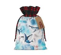 Sea Whale And Jellyfish Print Festive Plaid Gift Bag, Candy Bag, Drawstring Burlap Pouch For Holiday Presents Favor-M