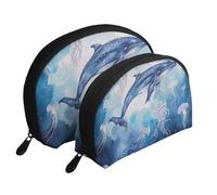 Sea Whale and Jellyfish Print Small Purses 2Pcs Portable Coin Purse Makeup Bag Soft Vacation Pouch Change Holder Wallet with Zipper Portable for Shopping Travel Party Cosmetic Bag