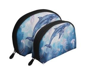 Sea Whale and Jellyfish Print Small Purses 2Pcs Portable Coin Purse Makeup Bag Soft Vacation Pouch Change Holder Wallet with Zipper Portable for Shopping Travel Party Cosmetic Bag