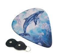 Sea whale and jellyfish Printed Guitar Picks, 6 Pack with Leather Keychain Pick Holder - 0.46mm, 0.71mm, 0.96mm Assorted Thickness for Acoustic Ukulele, Electric Guitar, Acoustic Guitar, Bass