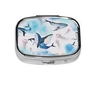 (Sea Whale and Jellyfish) Square Pill Box with 2 Compartment Small Pill Organizer Portable Pill Case Vitamin Containers, Travel Essentials 5.5x4x1.8 cm