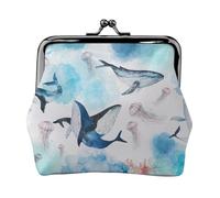 Sea Whale and Jellyfish Women's Leather Kiss-Lock Coin Purse,Double-Sided Full Print Pattern,Ultra-Fine Fiber Leather,Small Clutch Wallet for Cash,Cards,Coins