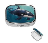 Sea Whale Square Metal Pill Box 2 Compartment Cute Travel Pill Organizer Case Portable Medicine Vitamin Organizer Pill Case for Women Men Travel Unique Gift