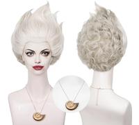Sea Witch Wig for Women Wicked Undersea Witch Cosplay, Short Silver Grey Layered Crazy Wig with Shell Necklace + Cap Accessories for Halloween Costume Cosplay