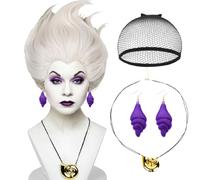 Sea Witch Wig + Shell Chain + Earrings Accessories for Women Evil Underwater Witch Cosplay Short Silver White Grey Layered Crazy Wig + Cap for Halloween Costume Cosplay