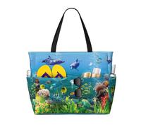 Sea World Print Large Waterproof Beach Tote Bag for Women with Zip and Pockets Foldable Handbag for Travel Pool Shopping Holiday Gym