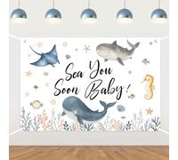 Sea You Soon Baby Shower Backdrop, Under The Sea Welcome Baby Banner with Blue Whale, Seahorse, Starfish Ocean Animals Photography Background for Ocean Theme Baby Shower Supplies