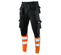 SEA3 Men's Hi Viz Vis High Visibility Fleece Slim Fit Work Cargo Painter Trousers Joggers Bottoms, Black & Orange - XXL