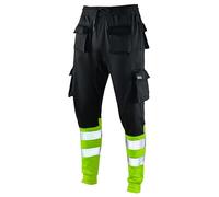 SEA3 Men's Hi Viz Vis High Visibility Fleece Slim Fit Work Cargo Painter Trousers Joggers Bottoms, Black & Yellow - XXL